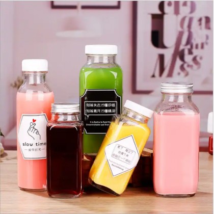 2oz 4oz 6oz 8oz 12oz 16oz Glass Juicer Bottles French Square Bottles With Plastic or Metal Lid