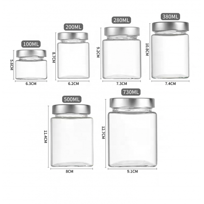 100ml 200ml 280ml 380ml 500ml 730ml Recycled Empty Square Honey Jar Glass Food Storage Packaging Glass Food Jars for Jam Honey