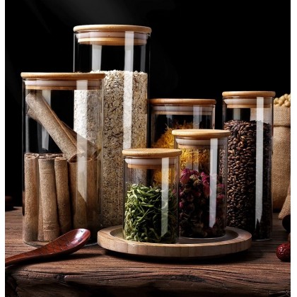 Hot Sale Kitchen Storage Glass Jar With Bamboo Wood Lid Glass Bottles With Lid Container