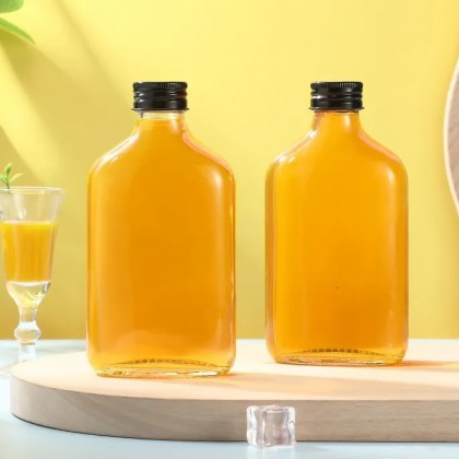 Hot Sale 100ml 200ml 350ml 500ml Flat Square Clear Cold Liquor Beverage Juice Coffee Wine Glass Flask Bottle With Aluminum Cap