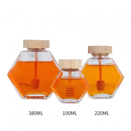 Recyclable Best Honey Bear Jar Glass Unique Honey Jar Packaging With Wooden Dipper Wholesale Hexagon Glass Jar for Honey