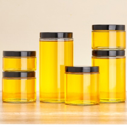 Wholesale Food Container Clear Glass Honey Storage Jar With Silver Gold Screw Metal Cap 250ml 500ml Straight Sided Glass Jars