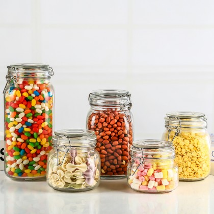 Food Grade Airtight Glass Storage Jam Jar / Pickle Jar With Stainless Steel Metal Clip 200ml 500ml 750ml 1000ml