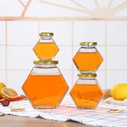 High Quality 100ml 220ml 380ml Hexagonal Transparent Glass Honey Jar Glass Storage Bottle With Bamboo Cover