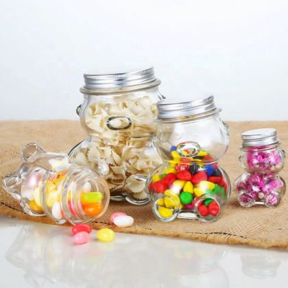 Wholesale Teddy Bear Shaped Glass Bottle Honey Bee Candy Sugar Chocolate Glass Jar With Metal Cap