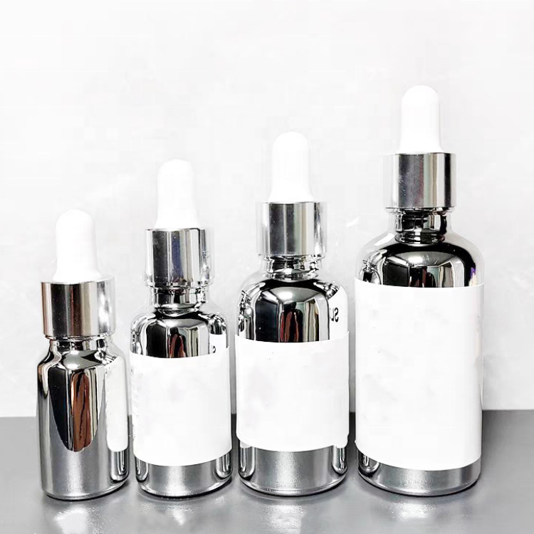 Bright Silver Electroplating Essential Oil Bottle  Hair Oil Dropper 15ml 30ml Silver Glass Essential Oil Bottle With Dropper Lid
