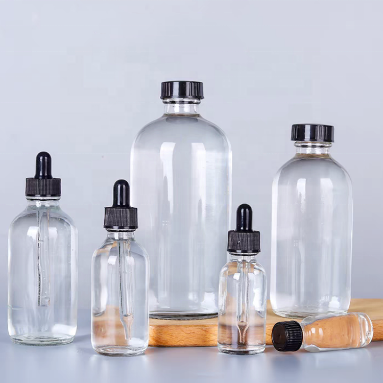 15ml 1oz 30ml 60ml 120ml 4oz Clear Boston Round Essential Oil Hair Oil Glass Dropper Bottle With Dropper