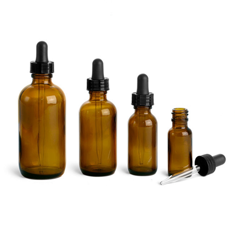 OEM Wholesale 120ml 4oz 0.5 oz 30 ml 2 oz 4 oz Amber Glass Essential Oil Glass Dropper Bottle With Black Plastic Dropper