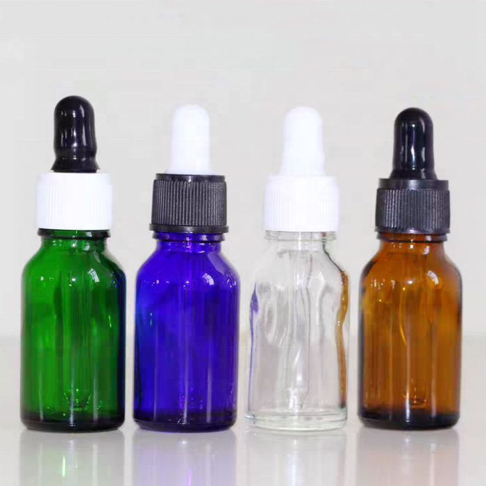 Perfume Cosmetic Bottle 5ml 10ml 15ml 20ml 30ml 50ml 100ml Clear Green Blue Amber Glass Dropper Bottle With Black Childproof Lid