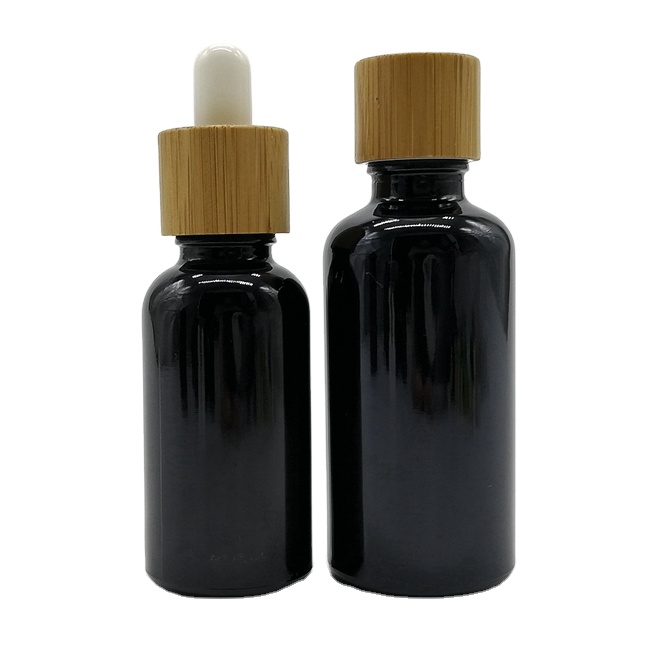 30ml Frosted Black Glass Dropper Bottle With Bamboo Lid Top Empty Essential Oil Bottle for Cosmetic Cuticle Hair Care