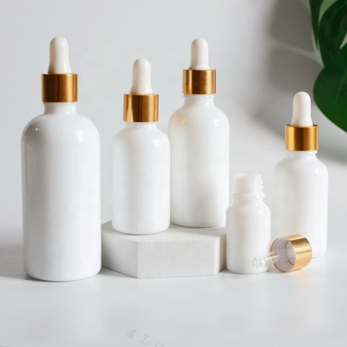 Luxury 1oz 10ml 30ml 50ml 100ml Empty Essential Oil Eye White Porcelain Glossy Glass Dropper Bottle With Pipette Gold Screw Lid