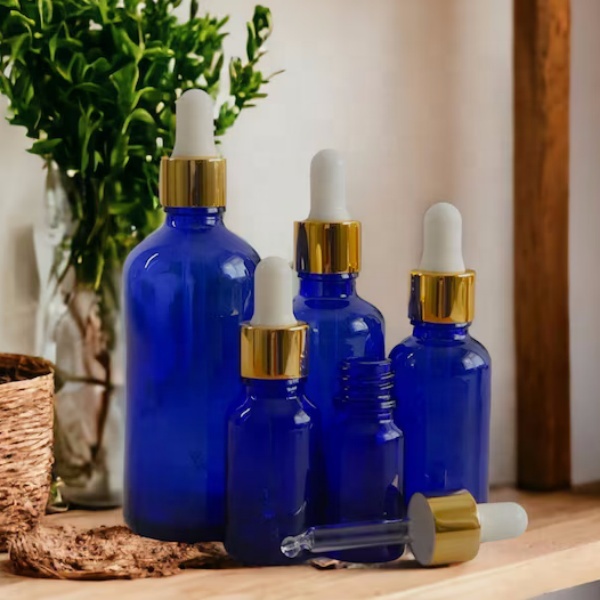 Blue Glass Dropper Bottle With Gold and White Pipette 10 15 30 50 100ml Refillable Bottles for Essential Oils & DIY Products