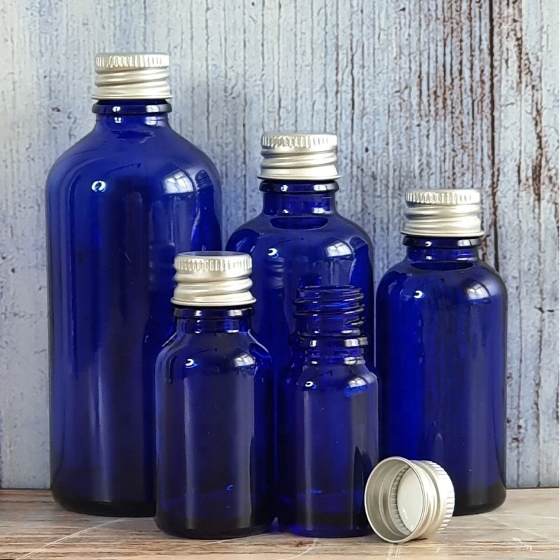 Refillable Blue Glass Dropper Bottles With Aluminum Silver Lid - Empty Bottles for Crafts, Aromatherapy, Refills & DIY Skincare