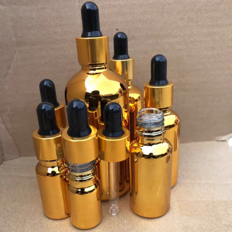 Gold Glass Hair Oil Serum Dropper Bottle Cosmetic Essential Oil Roller Bottle Golden Cosmetic Dropper Glass Bottle