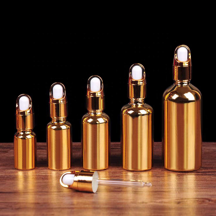 5-100ml Gold Shiny Essential Oil Bottle Packaging Gold Plating Electroplating Glass Dropper Serum Bottle Metallic Plating