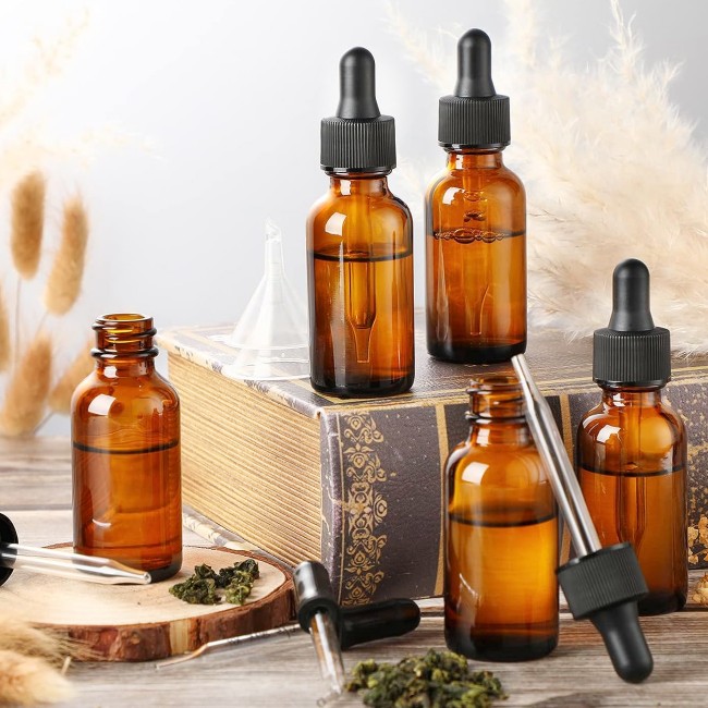 Amber Glass Boston Bottles 1 oz 2 oz 4 oz 8 oz With Eye Droppers