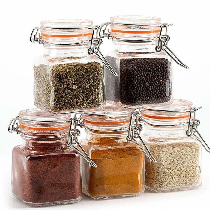 Square Glass Kitchen Storage Canister Jars 100 ml Clear Food Storage Jars With Clear Lid and Bail & Trigger Hermetic Seal