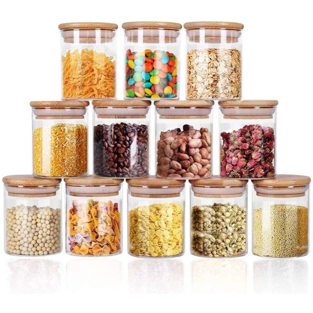 Wholesale Handmade 12 Piece Borosilicate Glass Spice Storage Jars Set With Bamboo Lid