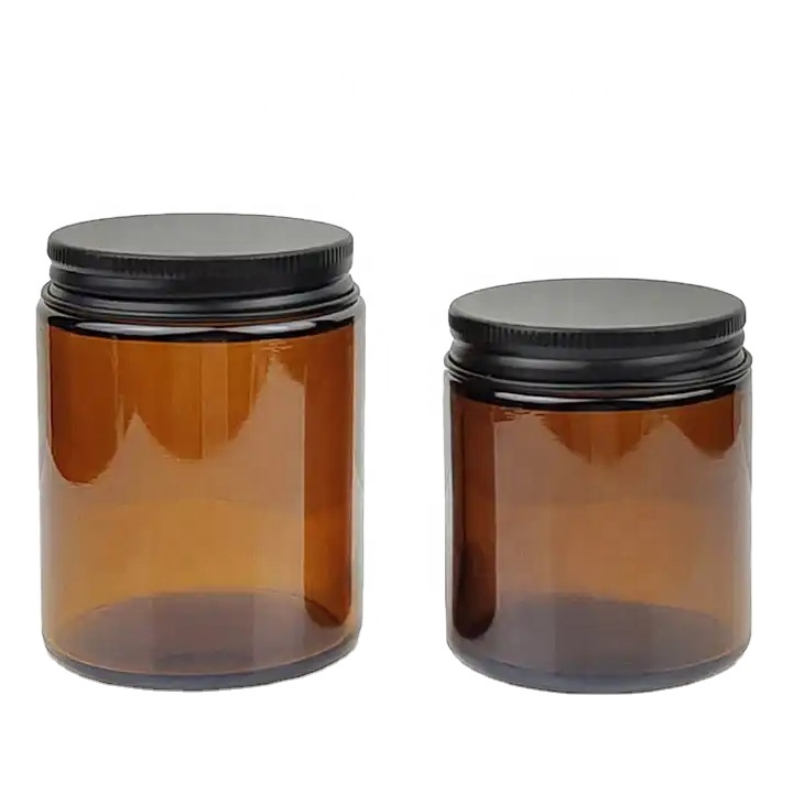 Luxury Candle Jar in Stock Empty Round Amber Gift Craft Glass Candle Jar Candle Holder With Aluminum Lid