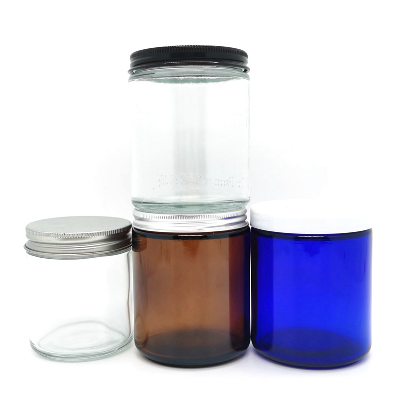 Clear Amber Blue 4oz 8oz 16oz 100ml 250ml 500ml Empty Body Cream Straight Sided Glass Candle Jars With Metal Lids