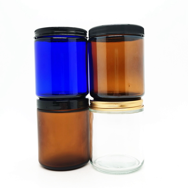 Luxury Wholesale 6oz 8oz 9oz Custom Color Amber  Blue  Glass Candle Jars With Metal Cap