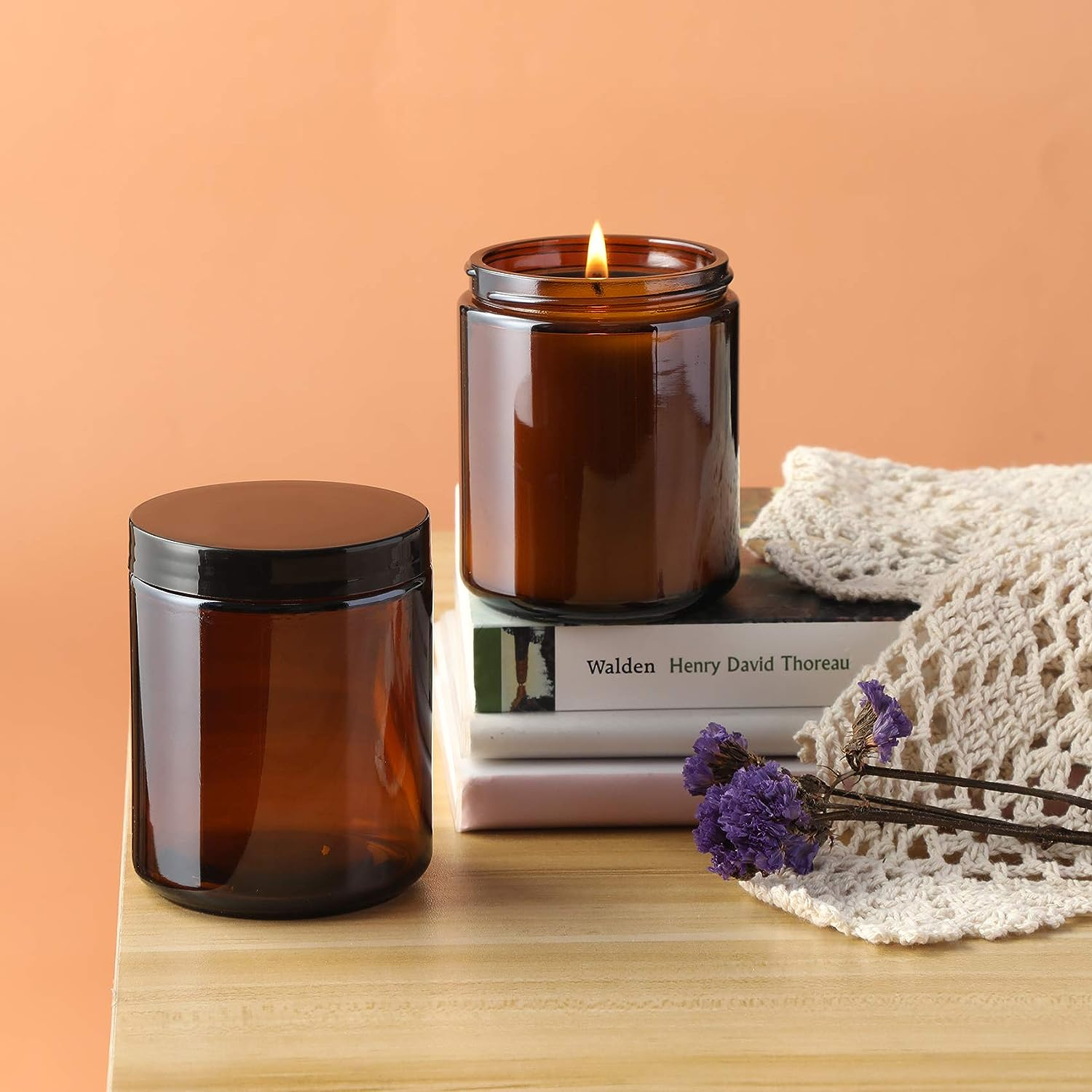 250g 4oz 8oz 16oz Amber Clear Luxury Empty Straight Sided Glass Candle Jar With Aluminum Metal Lids