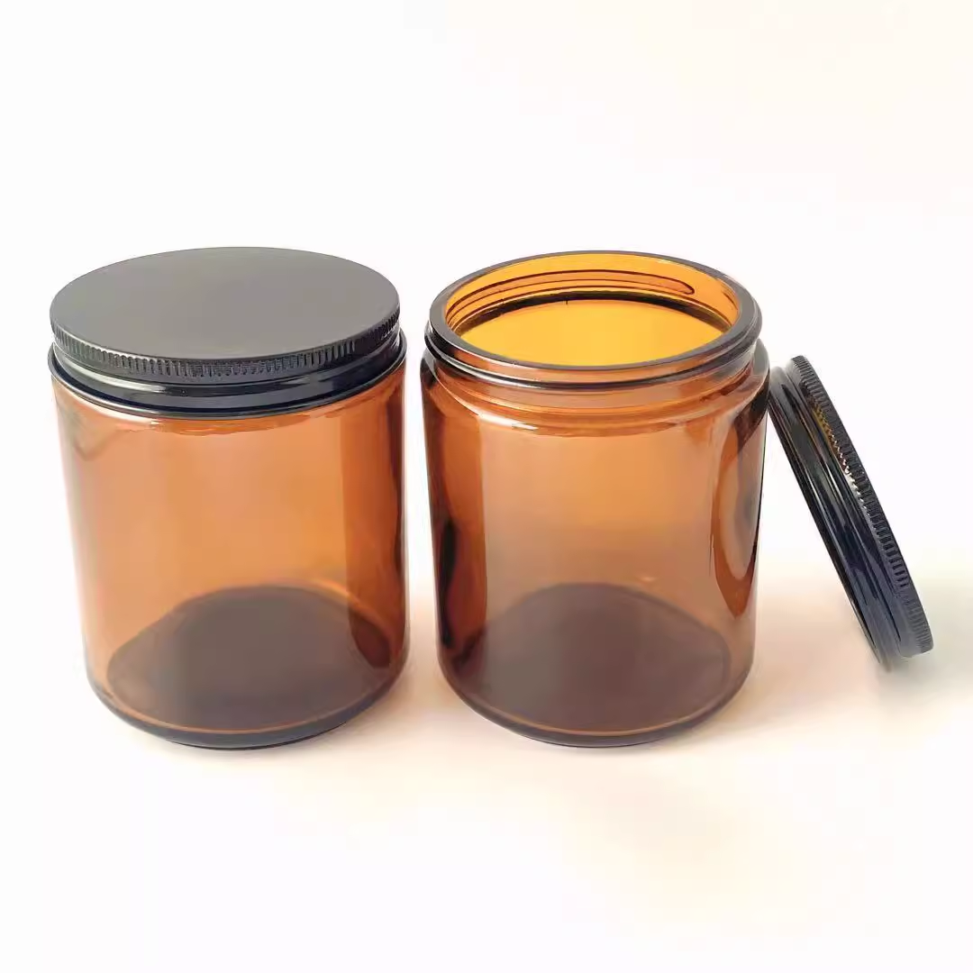 New Design 120ml 250ml Empty Cylinder Amber High Quality Glass Jar Candle Can With Black Aluminum Lid