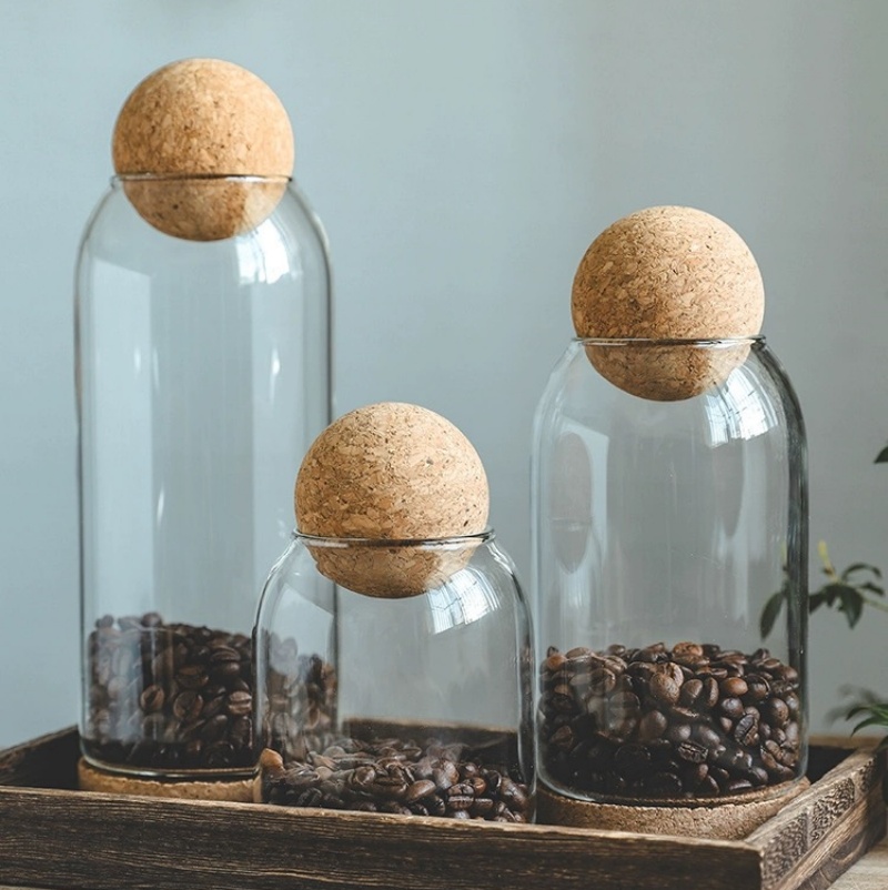 Transparent Glass Food Storage Containers Clear Round Shape Gglass Jar Cork Stopper With Cork Lids Ball Stopper