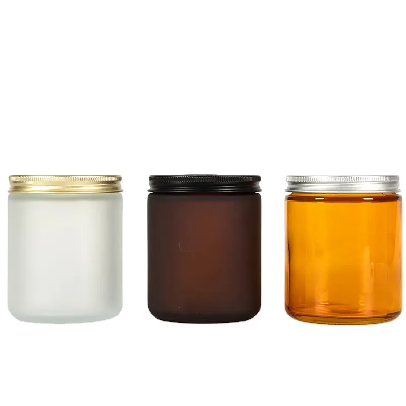 250g 4oz 8oz 16oz Amber Clear Luxury Empty Straight Sided Glass Candle Jar With Aluminum Metal Lids
