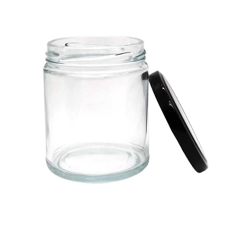 Recyclable 9 oz 270ml Clear Straight Sided Wide Mouth Glass Candy Jar With Black Metal Lid for Jam Honey Candle