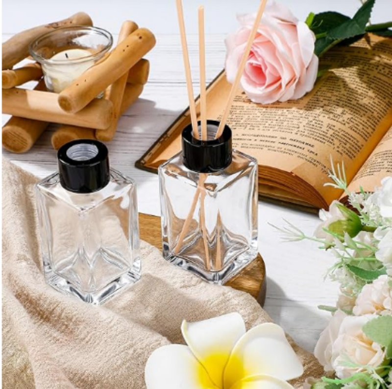 Square Luxury Black Amber Glass 500ml Large Reed Diffuser Bottle Fragrance Glass Bottle for Reed Diffuser With Wooden Lids