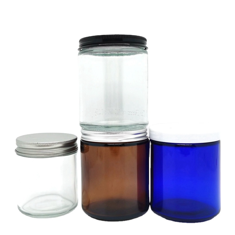Hot Sales 4oz 8oz 16oz Amber Clear Luxury Body Button Empty Straight Sided Glass Candle Jar With Aluminum Metal Lids