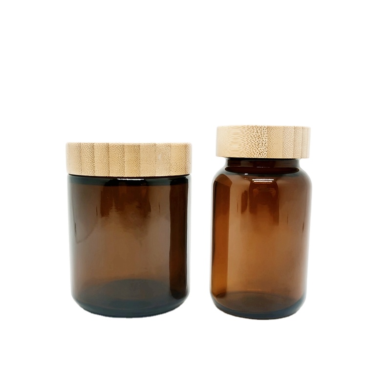 Empty Cosmetic Packaging Containers Amber 250ml 270ml Glass Jar With Bamboo Wood Lid for Face Cream