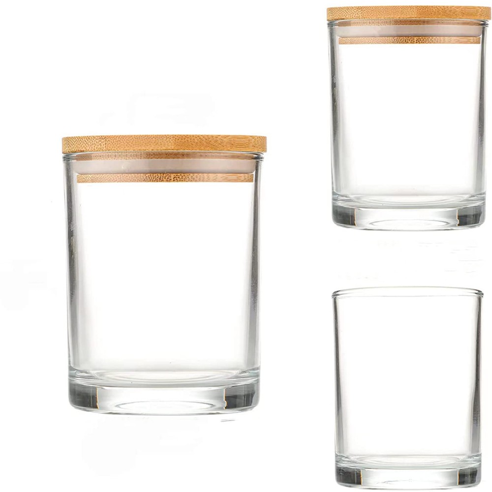 Heat Resistant DIY Candle Making Container With Bamboo Lid Clear Glass Candle Jar With Wooden Lid