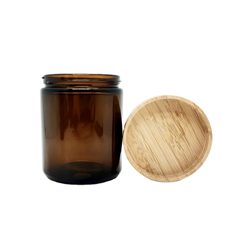 Round 8oz Amber Candle Jars With Black Lids Empty 250ml Glass Candle Making Jars Storage Cosmetic Jars W/Bamboo Cap