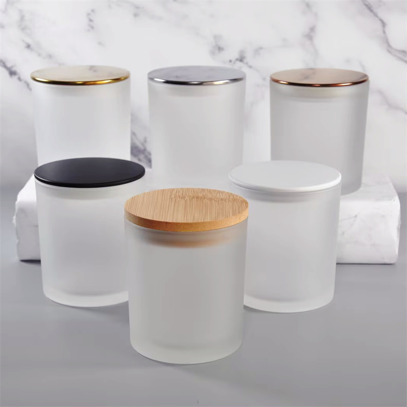 10oz Empty Clear Frosted Candle Glass With Bamboo or Flat Top Metal Lid & Gift Box