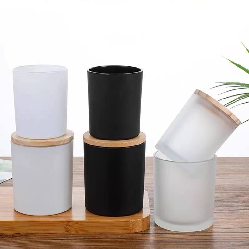 Low Price Wholesale 200ml 300ml 375ml Custom Color Frosting Glass Candle Jars With Wooden Lid