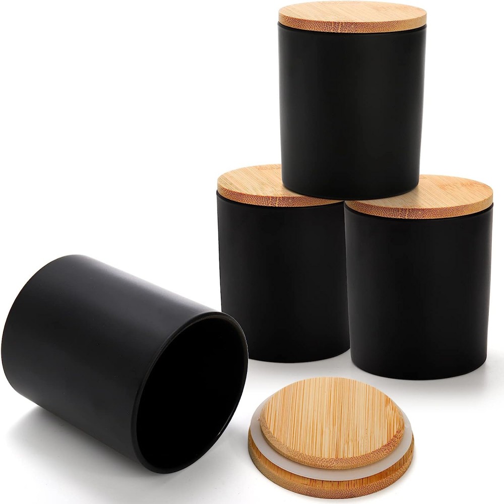 Wholesale 4oz Embossed Bamboo Lid Glass Candle Jars Frosted Black Wooden Box Colorful Empty Lanterns Holder Bulk Packaging