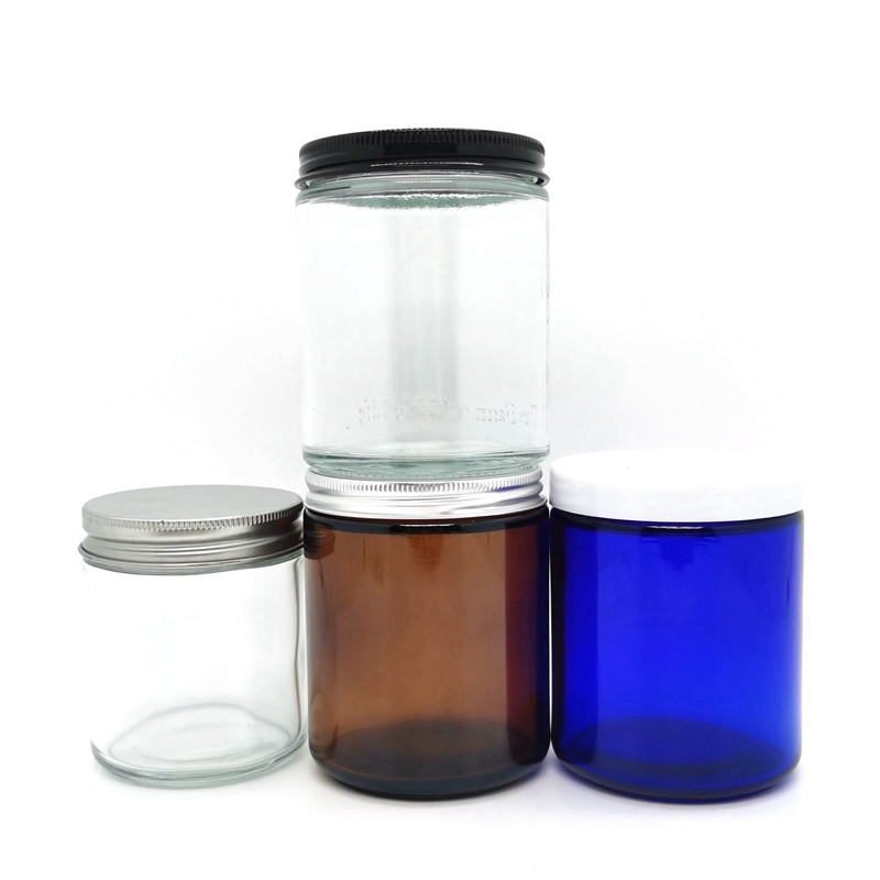 Value Size Straight Sided Glass Empty Candle Jars 8oz Clear Blue Amber  OEM Logo Printing Luxury Scented Home Fragrance Soy Wax Glass Candle Holder With Lid Glass Bottle