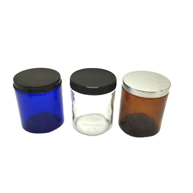 In-Stock 250ml 9oz Straight Sided Jar Blue Amber Clear Soy Glass Jar With Meta Lid for Scented Candle Hot Stamping Surface
