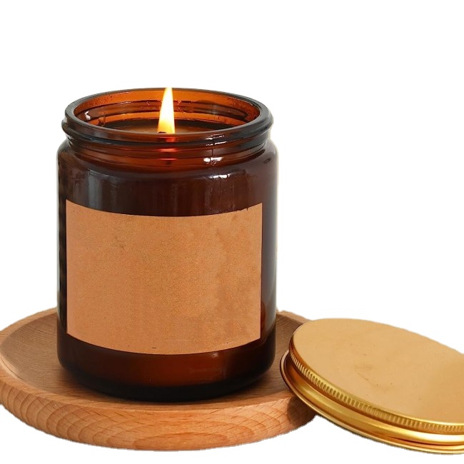 Stock Custom 4oz Nature Luxury Private Label Aroma Soy Wax Amber Glass Candles Scented Jar With Tin Lid