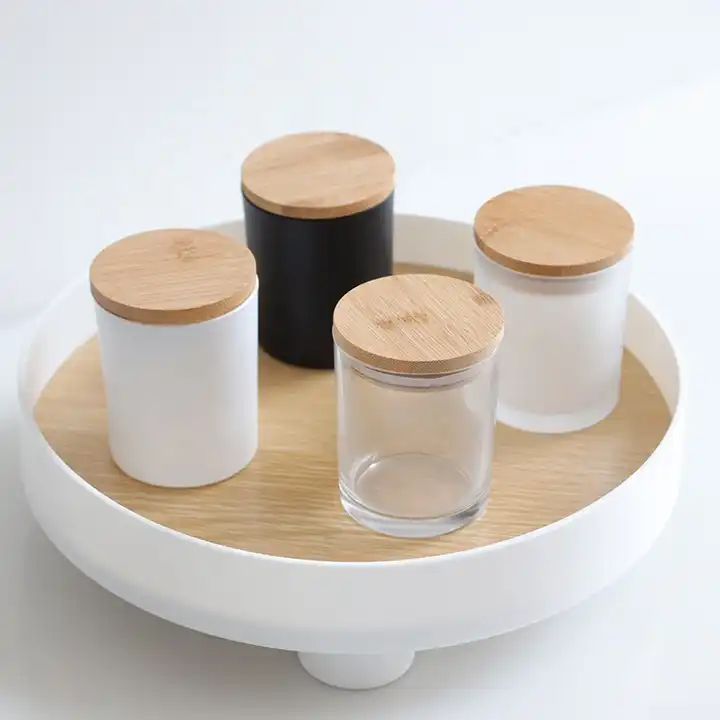 Wholesale Custom Frosted Glass Candle Jars With Wooden Metal Lids in Bulk Candle Vessels