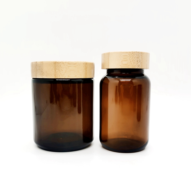 Medicine Packaging Set 250ml Cream Jar 8oz 9oz Amber Glass Cosmetic Capsule  Bottle With Bamboo Lid
