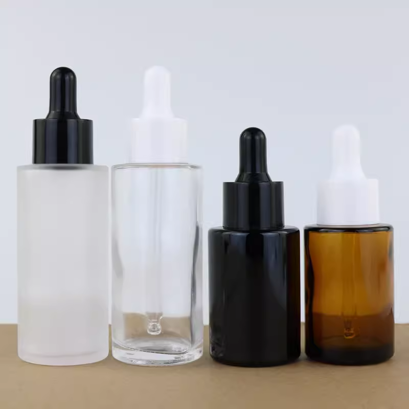 Custom Glass Cosmetic Serum Bottle 30 Ml 1oz White Black Silver Frosted Flat Shoulder Dropper Bottle for Essential Oils 30ml glass jar glass bottle
