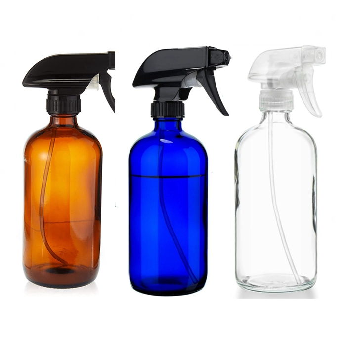 250ml 500ml 16oz Empty Boston Round Clear Amber Room Glass Spray Bottle With Trigger Sprayer and Silicone Sleeve for Cleaning