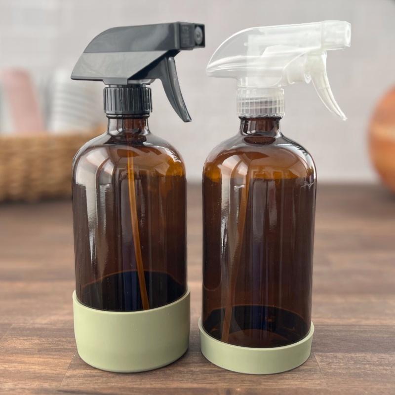 250ml 500ml 16oz Empty Boston Round Amber Room Glass Spray Bottle With Trigger Sprayer and Silicone Sleeve for Cleaning