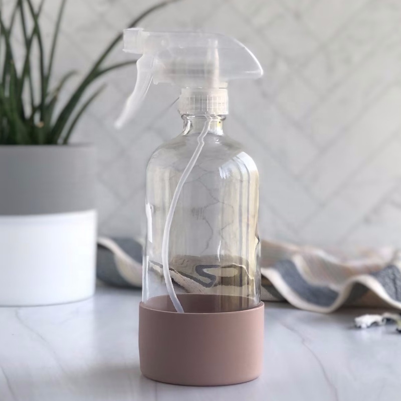 16oz Clear Boston Round Glass Spray Bottle 500ml With Colorful Silicone Sleeve Base for Bathroom Cleaning
