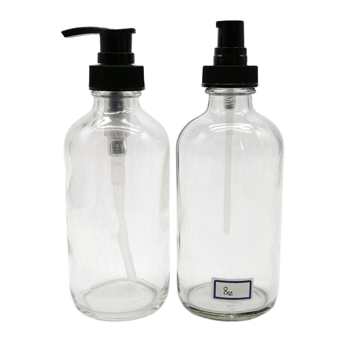 16oz/250ml & 500ml Boston Glass Serum Bottle With Pump White/Black Essential Oil Lotion Soap Dispenser for Serum Packaging