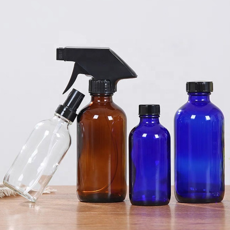 Wholesale Empty Amber Blue Clear Boston Round1oz 2oz 4oz 8oz Refillable Brown Glass Bottle With Pump