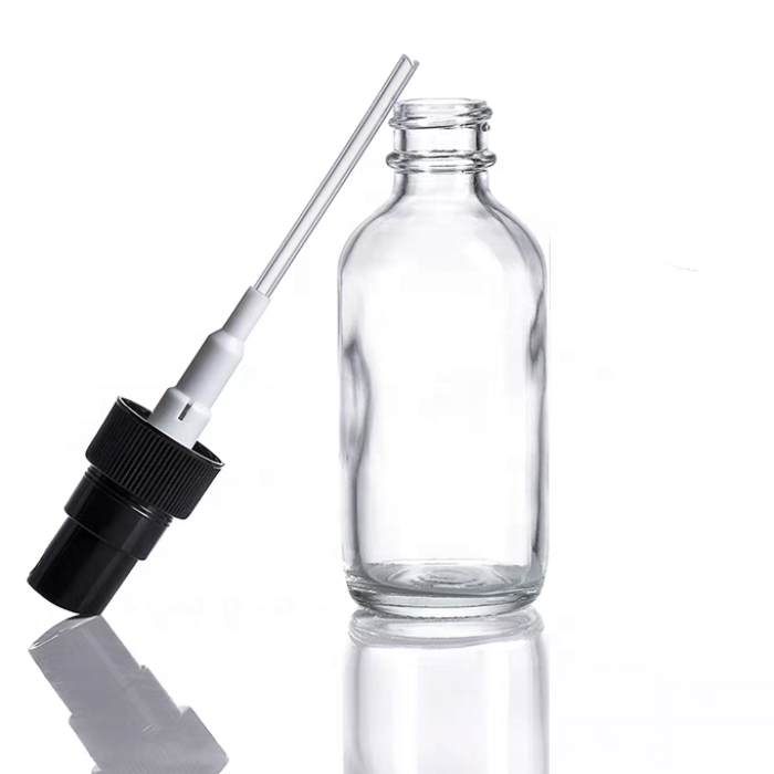 Boston Bottle 60ml Glass Clear Cosmetics Empty Essential Oil Face Serum Glass Dropper Bottles With Spray Cap